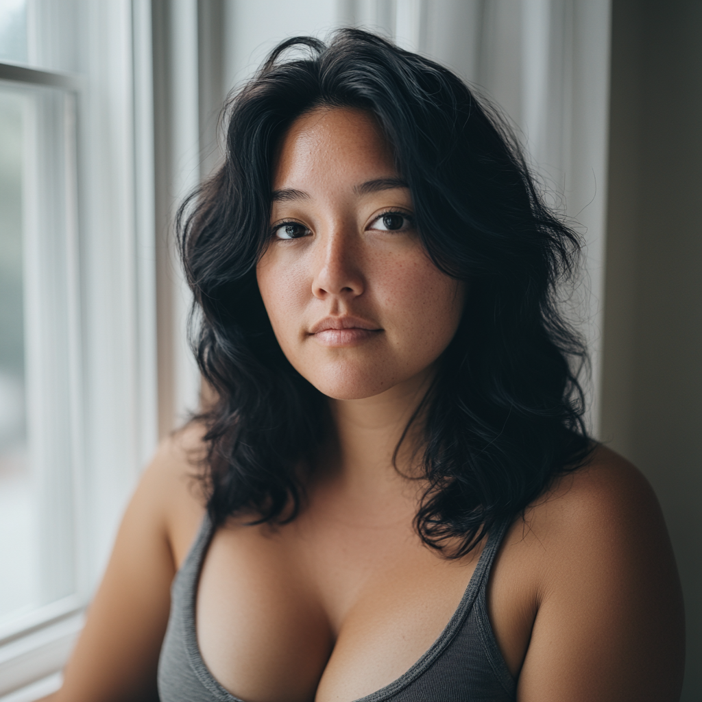 Realistic Portrait 28-Year-Old Woman Black Hair Chubby Body Camera Window Light Sharp Detail Subtle Blur Sony Alpha 7R IV 35mm Raw