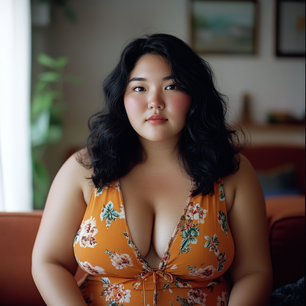 Realistic Portrait of 28-Year-Old Woman, Chubby Body, Black Hair