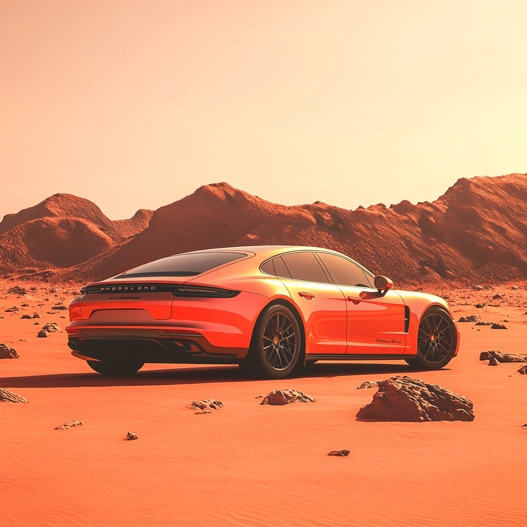 Realistic Red Panamera 911 Car on Martian Terrain