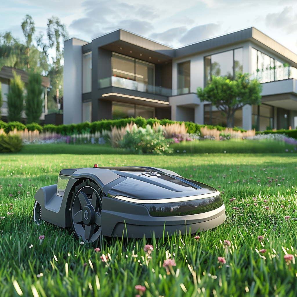 Realistic Small Robotic Lawn Mower in Suburban Setting 