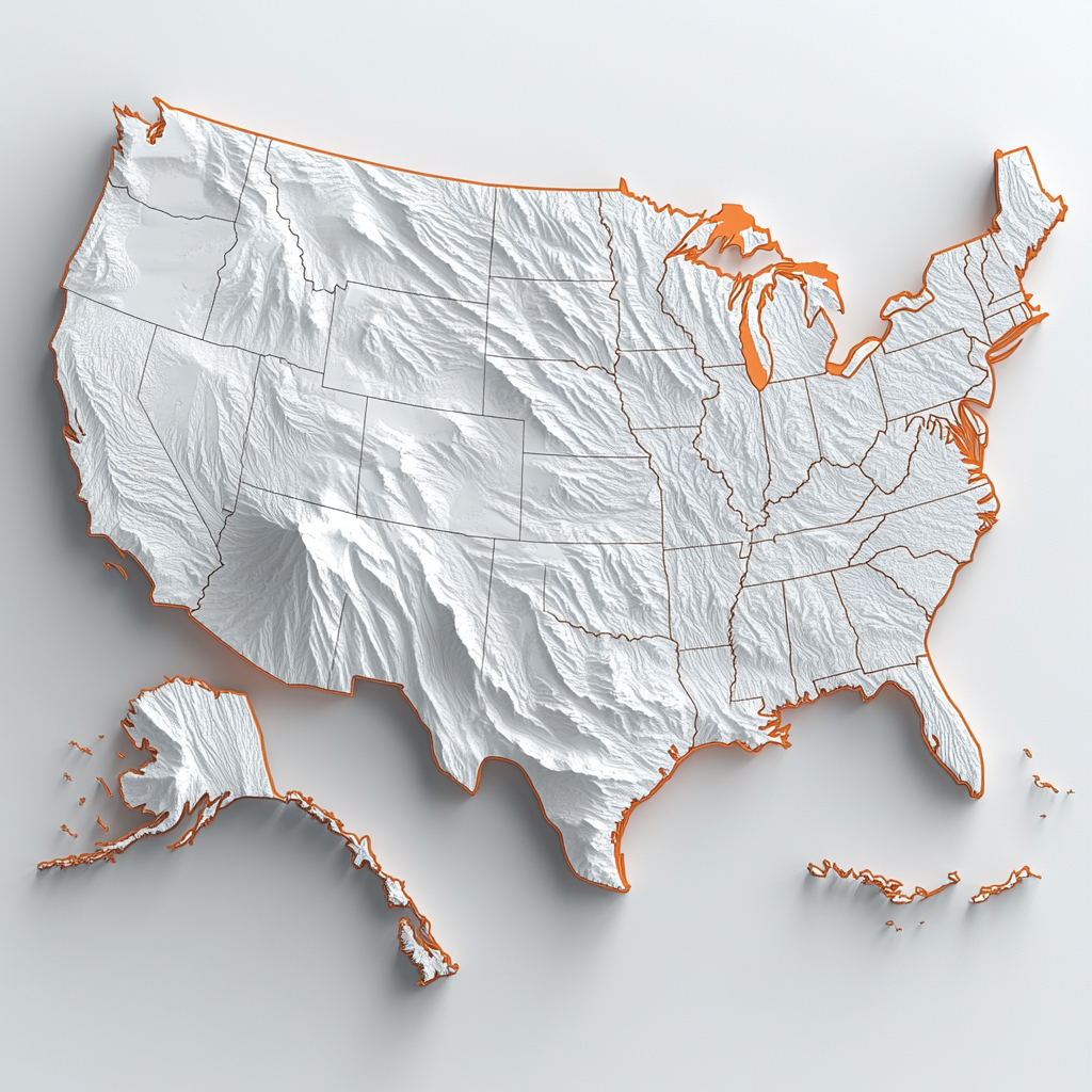 Realistic US Map Terrain with Orange-highlighted States