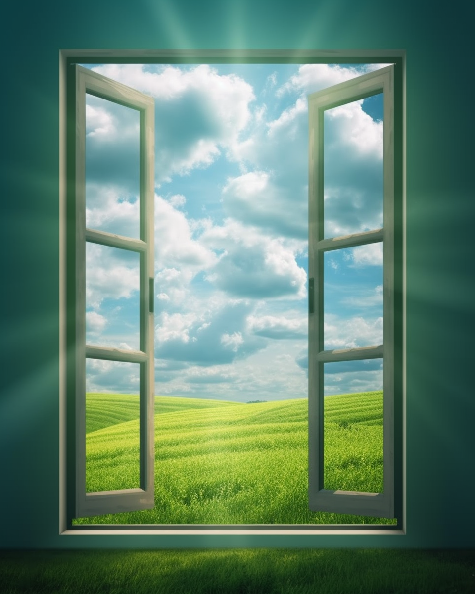 Realistic Window in Sky Over Green Field Imgaery