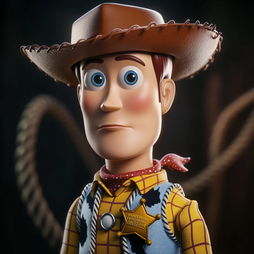 Realistic Woody with slender face, blue eyes, cowboy hat.