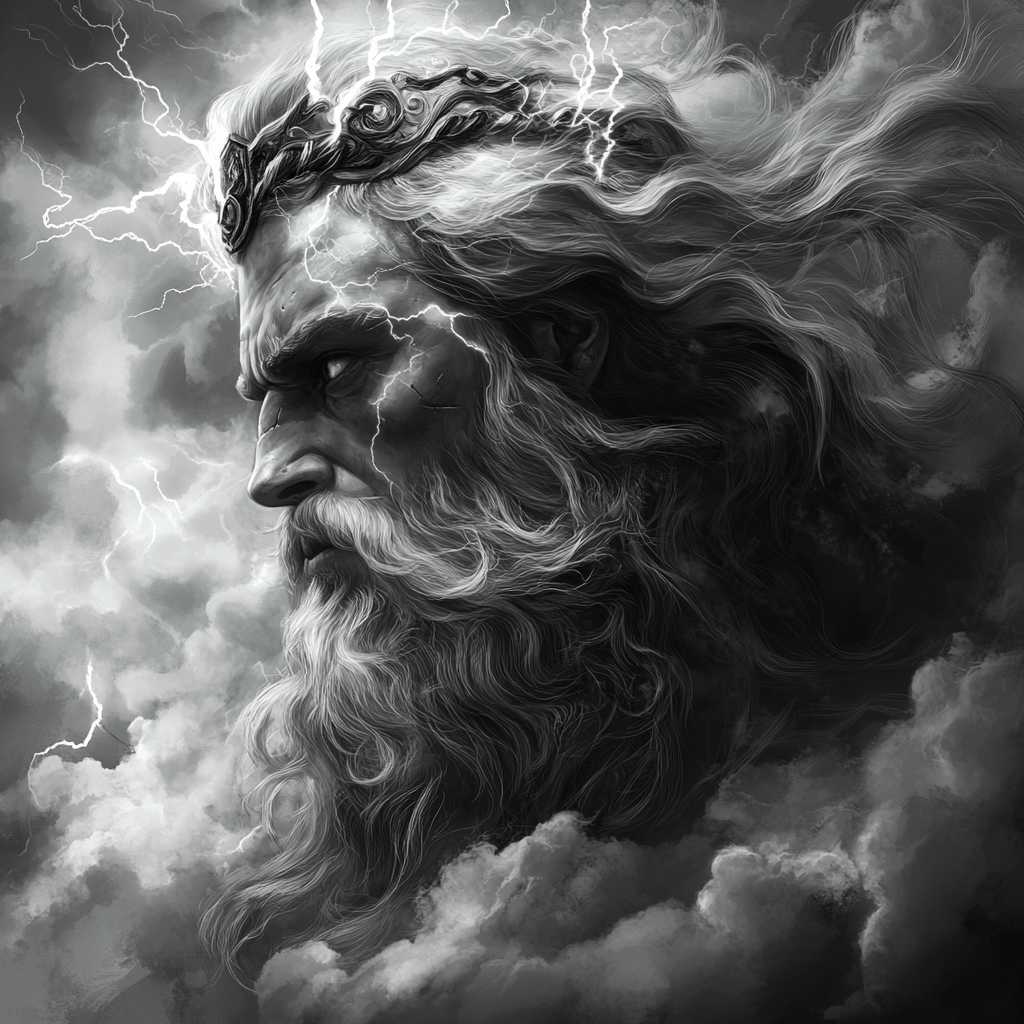 Realistic Zeus Illustration with Lightning Crown and Storm Clouds 