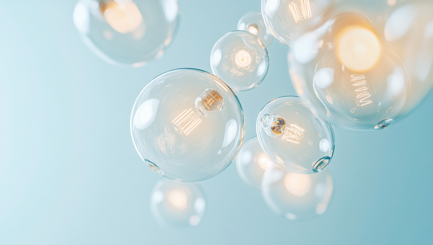 Realistic abstract photo of floating lightbulbs, glowing bright.