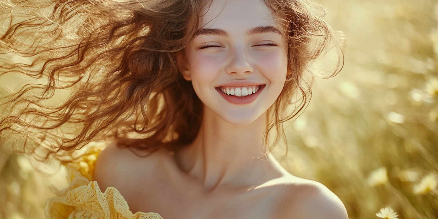 Realistic advertising photo of happy Slavic girl.