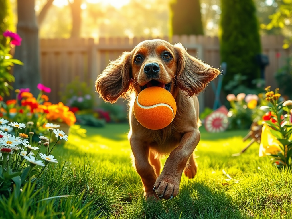 Realistic and Detailed Image: Happy Cocker Spaniel with Tennis Ball Running in Garden