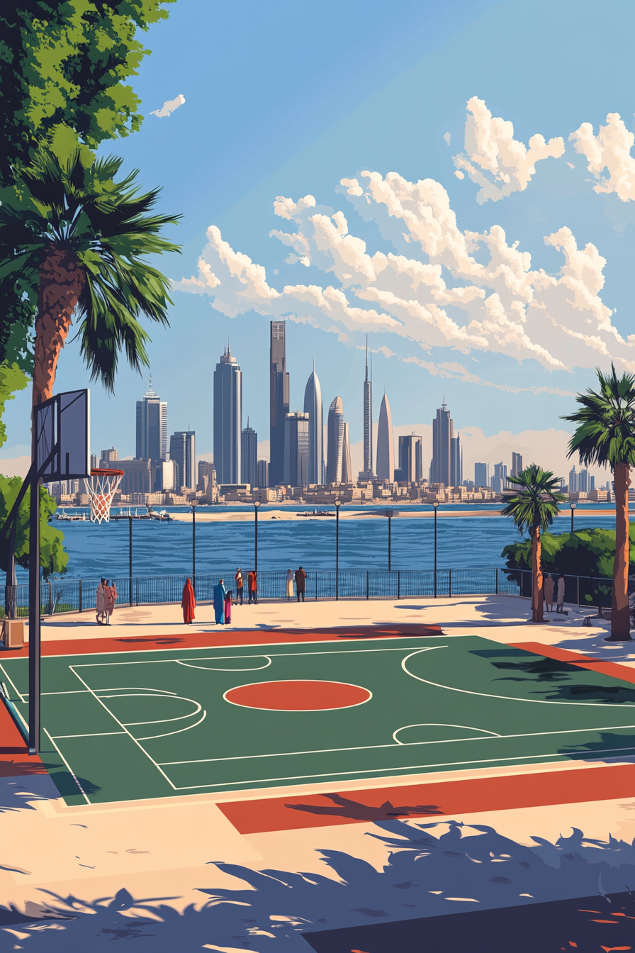 Realistic basketball court in Kuwait with elegant Jaber Al-Ahmad Bridge.