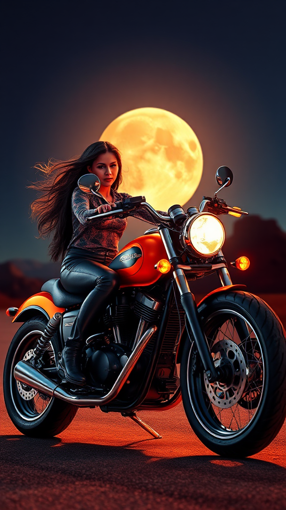 Realistic biker woman on chopper motorcycle with full moon and 3D name Viky