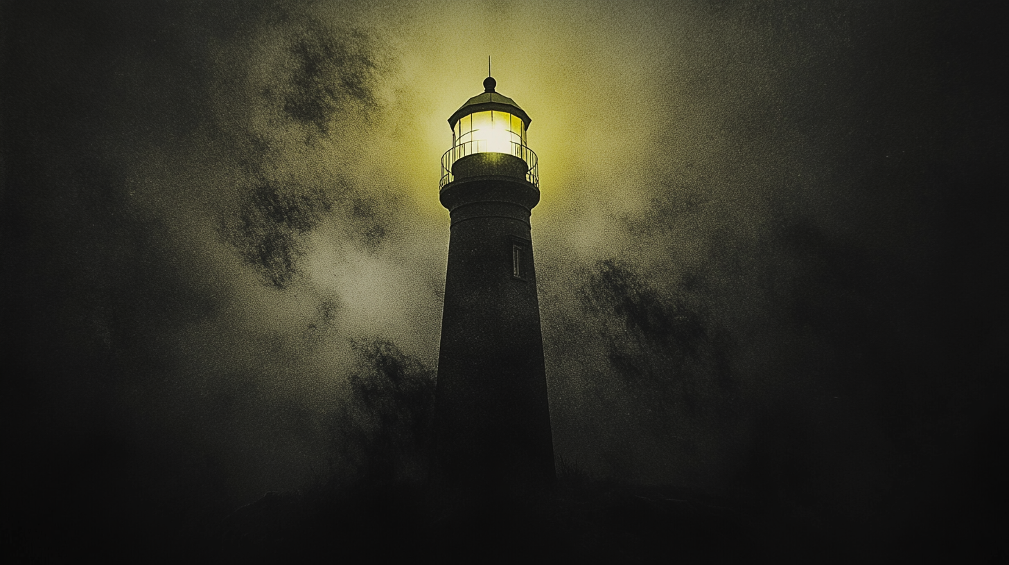 Realistic black and white photo of beach lighthouse at night.