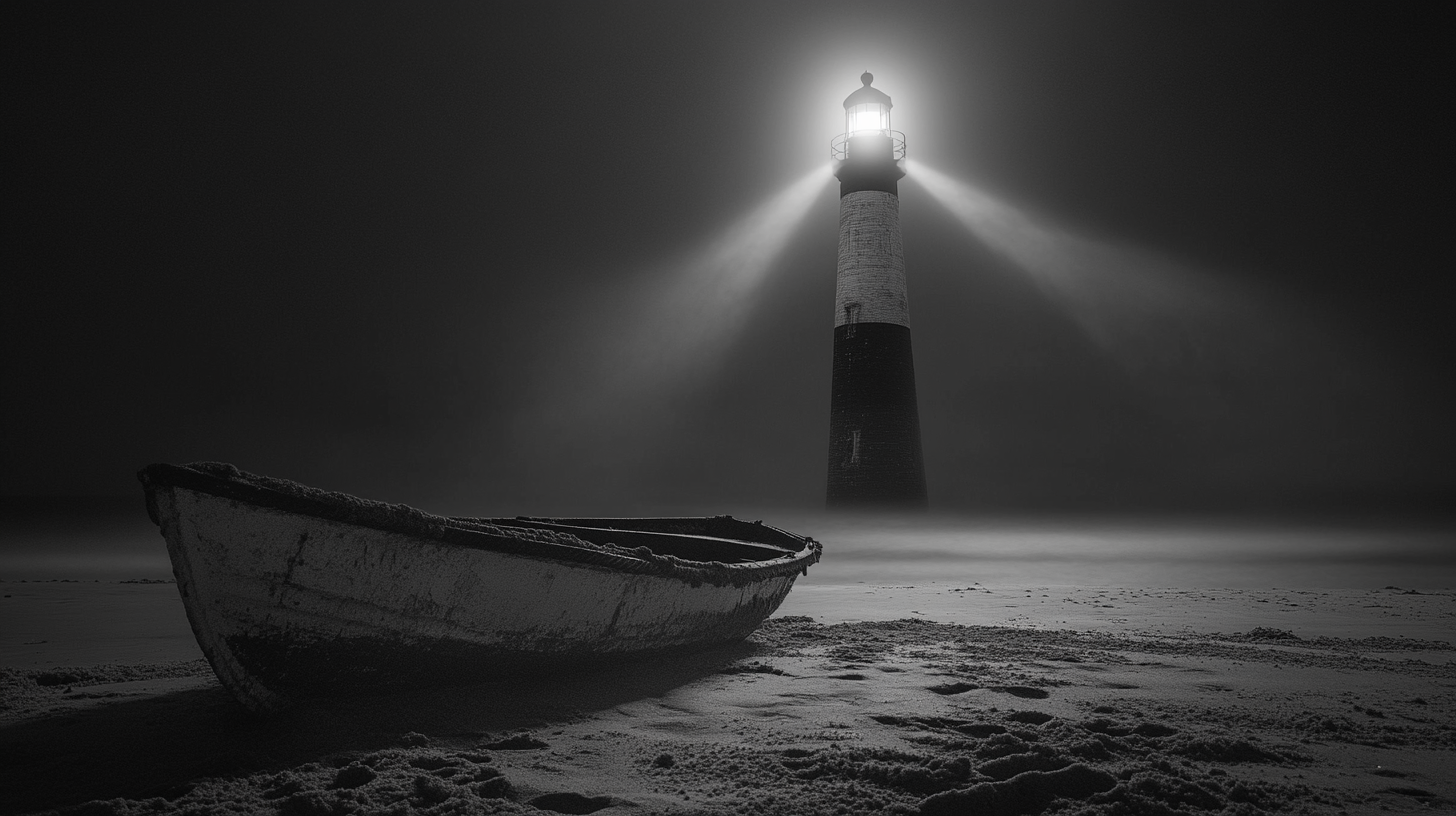 Realistic black and white photo of lighthouse at night.