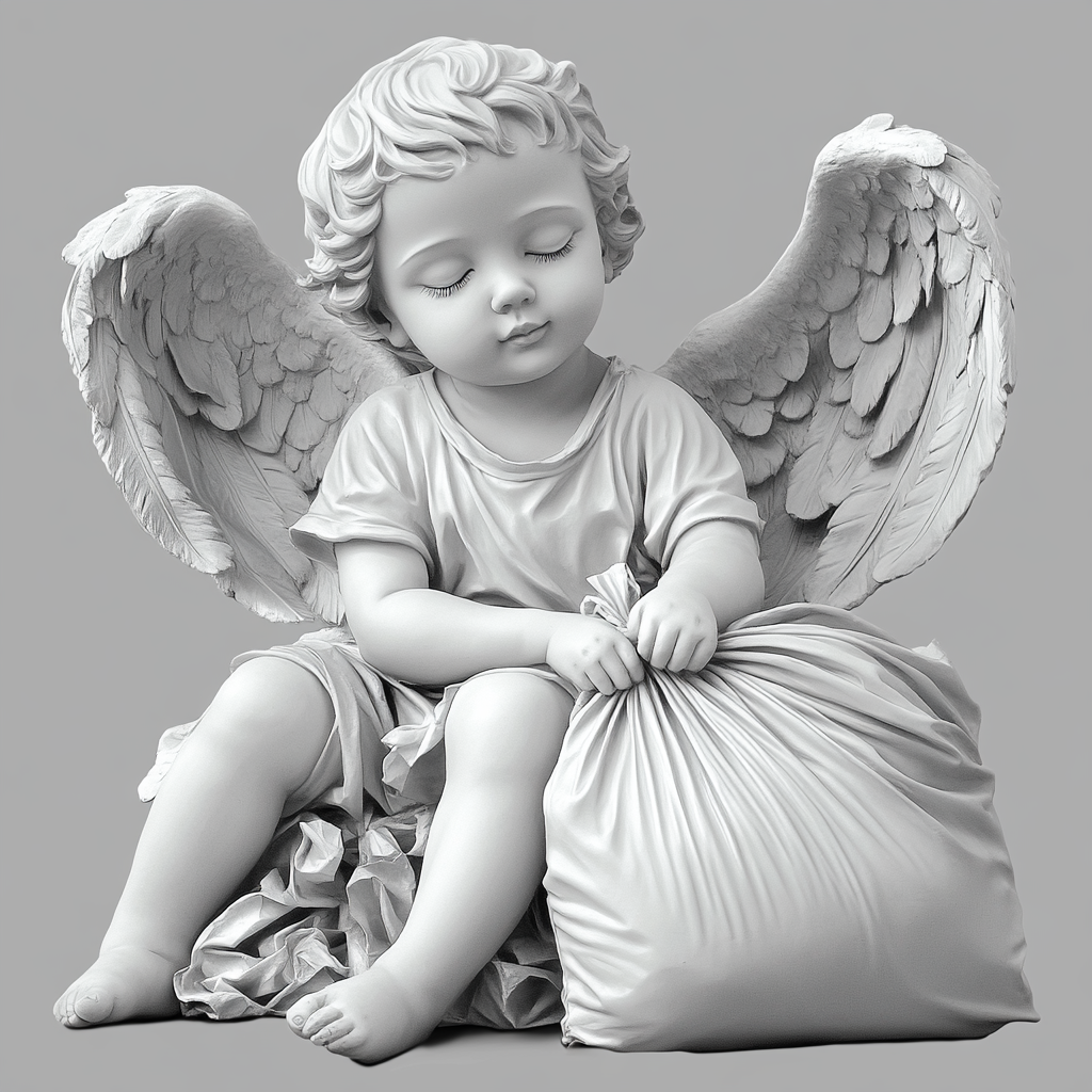 Realistic child angel on gray background with wings.