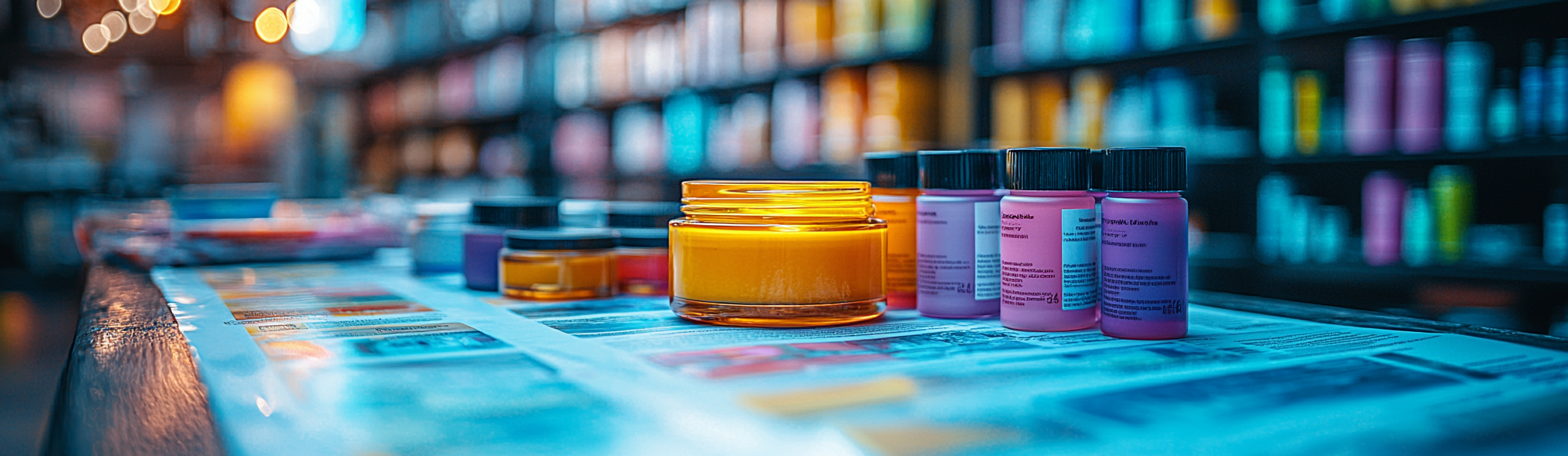 Realistic close-up table with messy products, organized catalog.