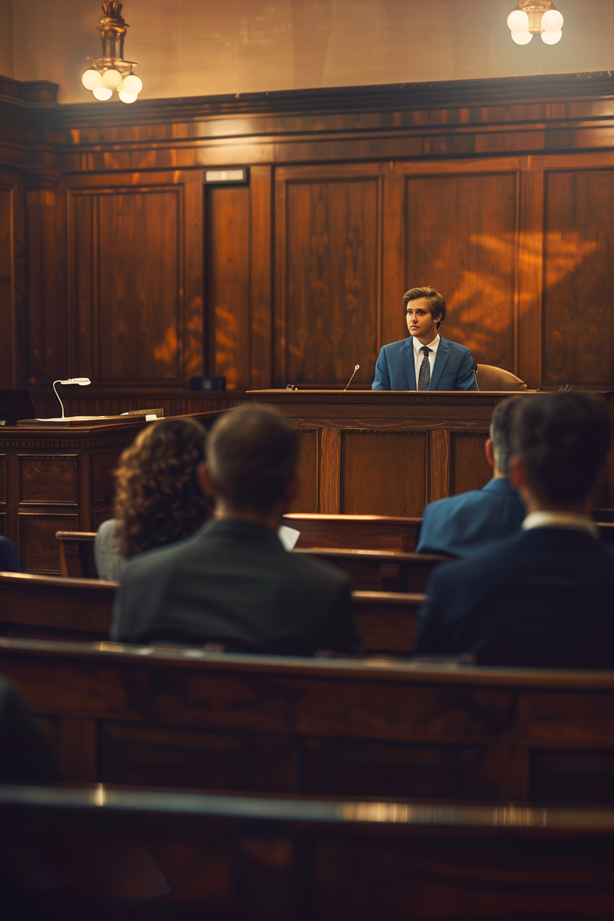 Realistic courtroom with young educator practicing speech. modern setting.