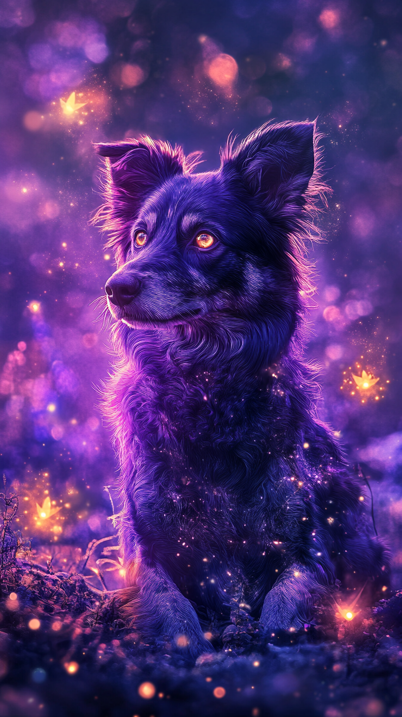 Realistic dog with charming powers, purple fur, glowing eyes.