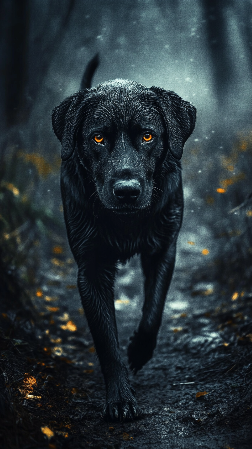 Realistic dog with dark powers, deep black fur, red eyes.