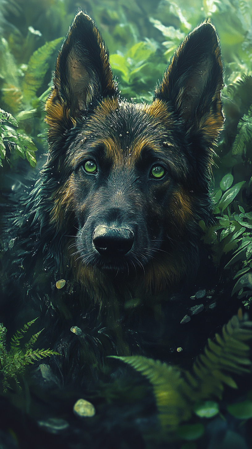 Realistic dog with earth powers, brown coat with roots and moss patterns, deep green eyes, roots and stones floating around paws, lush forest background.