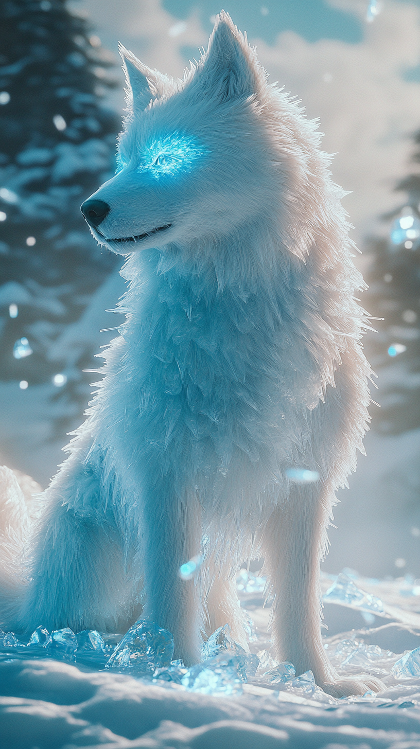 Realistic dog with ice powers, light blue fur, crystal patterns, eyes, ice shards floating, winter background.