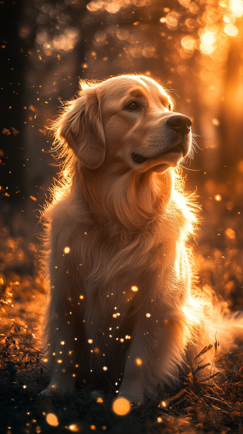 Realistic dog with light powers, white fur with golden patterns.