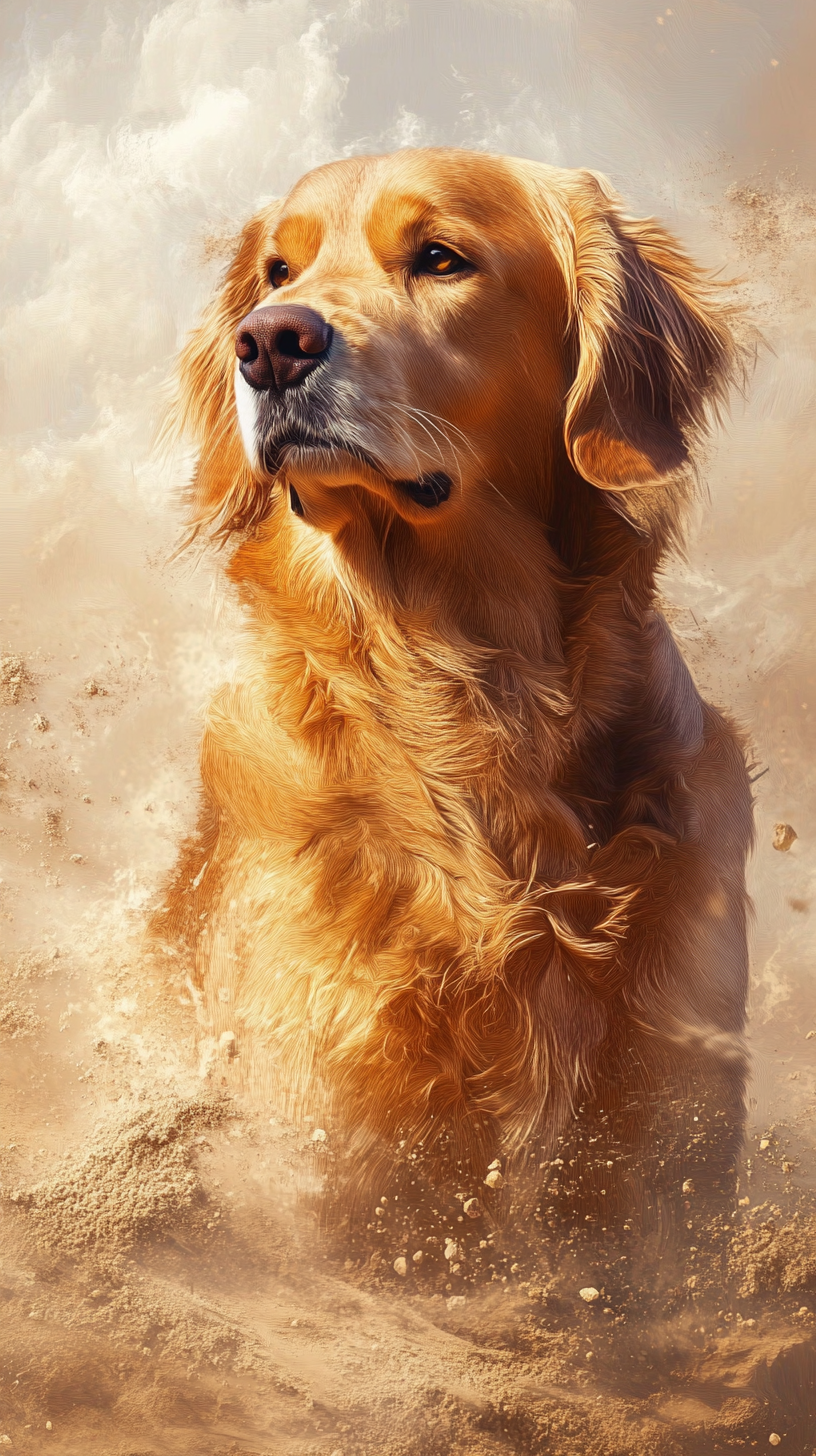 Realistic dog with sand powers, golden fur, glowing eyes.