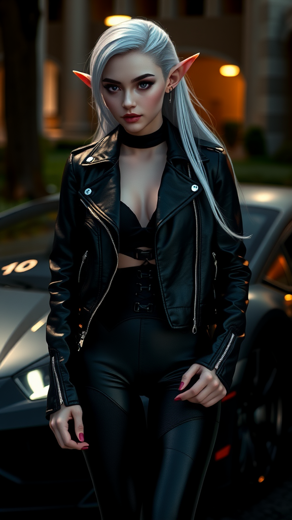 Realistic elf girl standing near Lamborghini