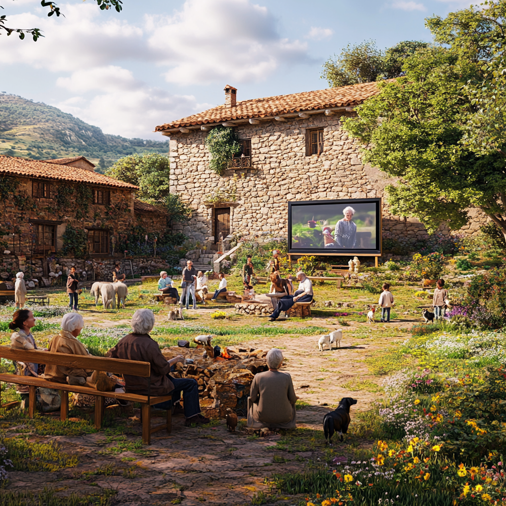 Realistic garden scene with people, animals and natural lighting.