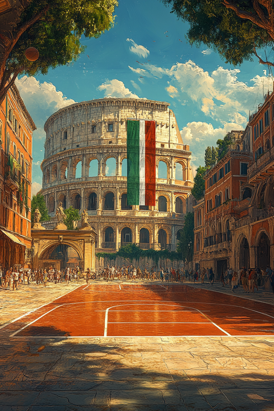 Realistic half-court basketball scene with Italian flag backdrop.