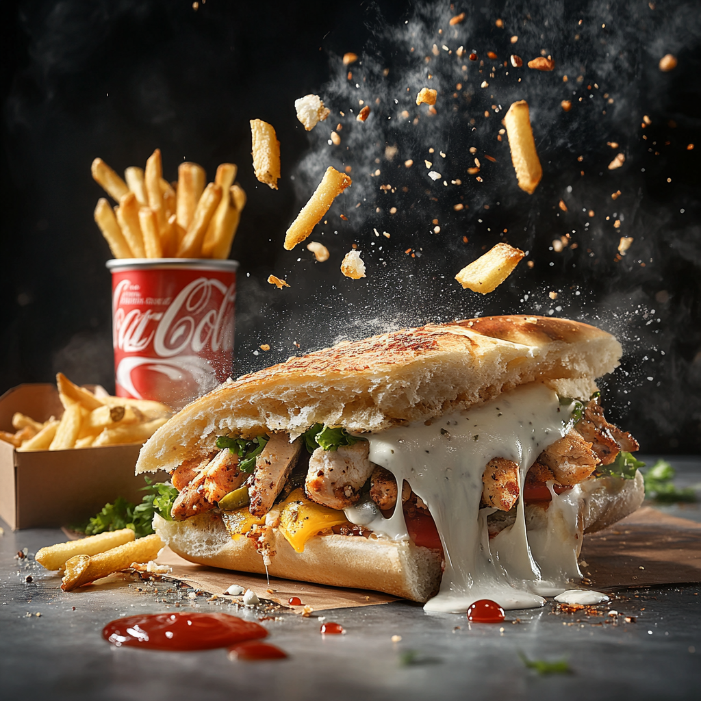 Realistic half sandwich with flying chicken, fries, white sauce. French fries, Coke next to it.