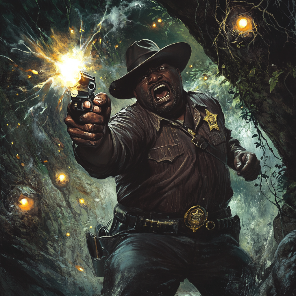 Realistic horror: sheriff fires revolver in dark cave.