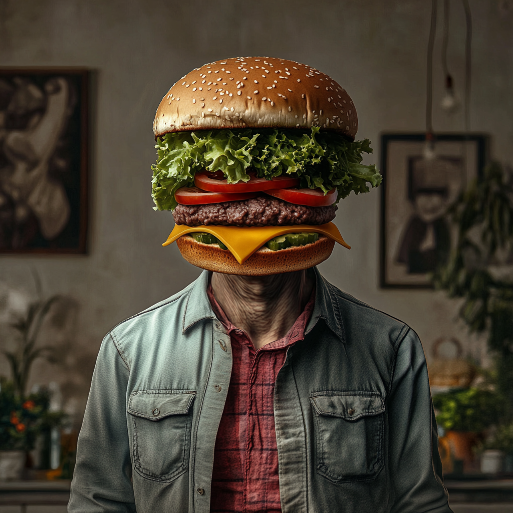 Realistic human body with hamburger head in diner.