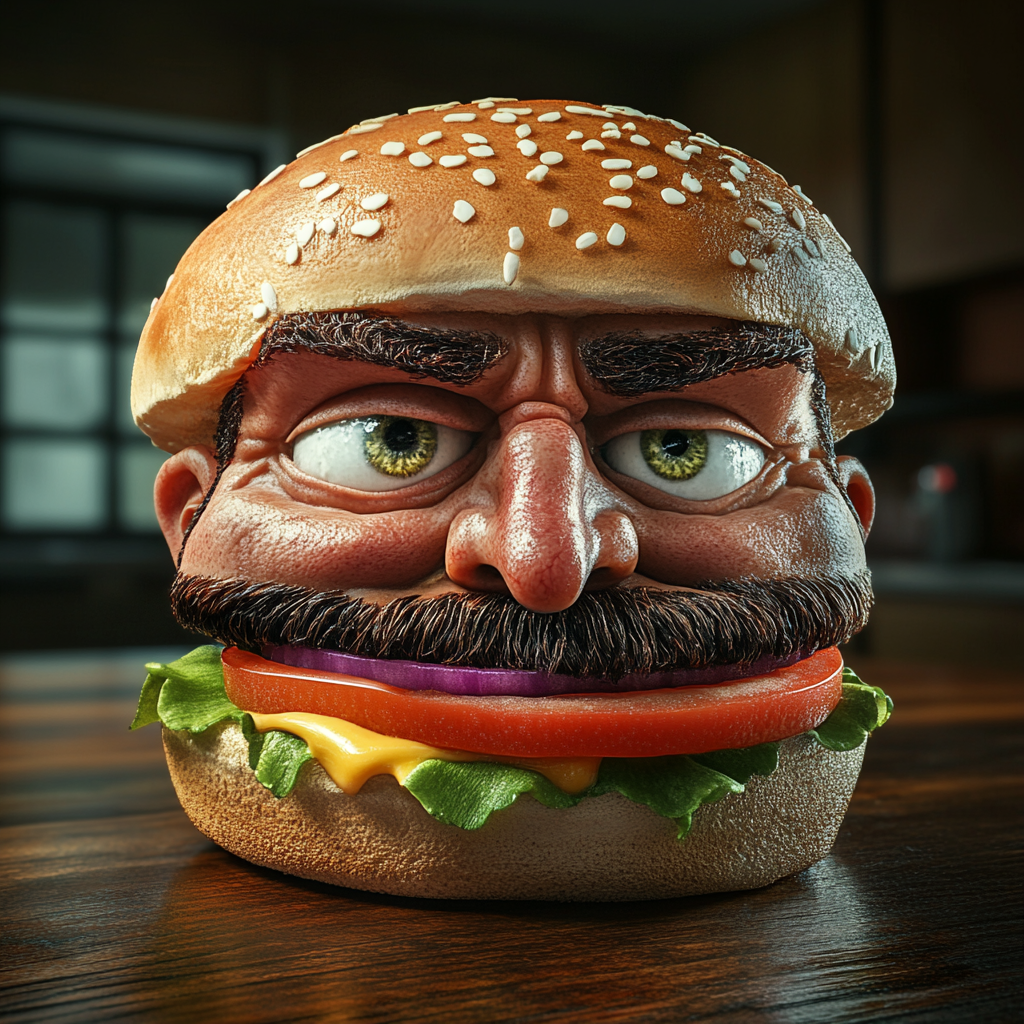 Realistic human face on hamburger in natural environment.