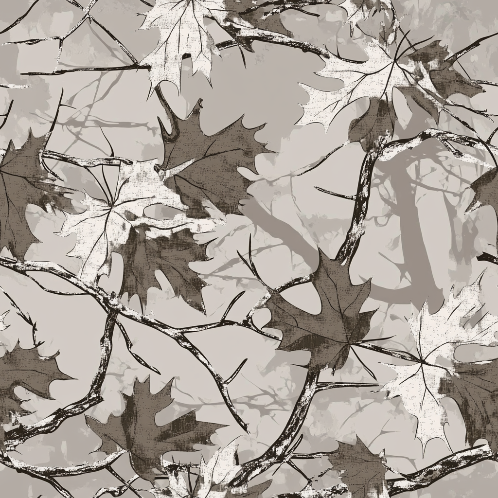 Realistic hunting camo pattern with leaves and branches.