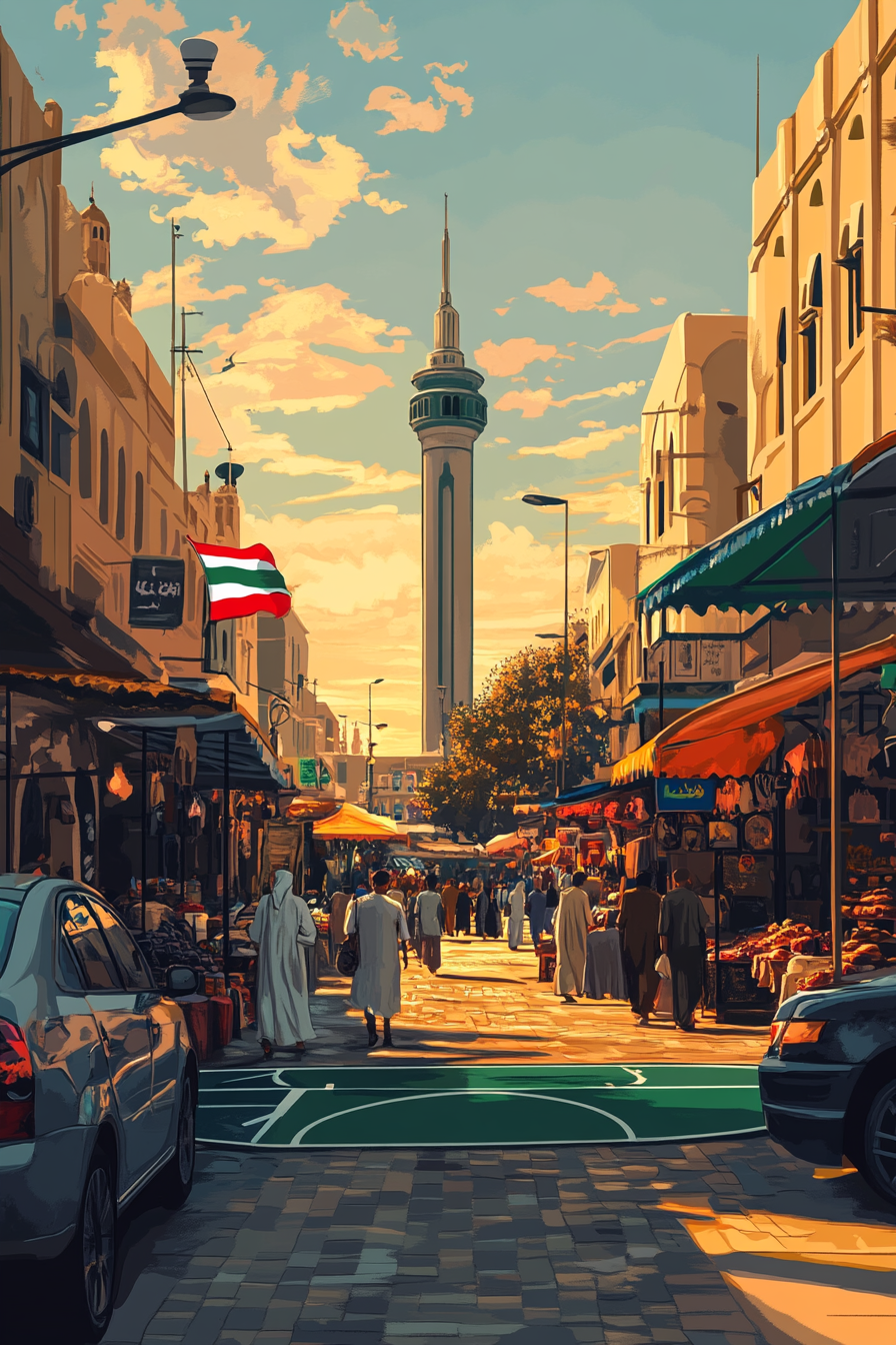 Realistic illustration of Kuwaiti basketball court at sunset.