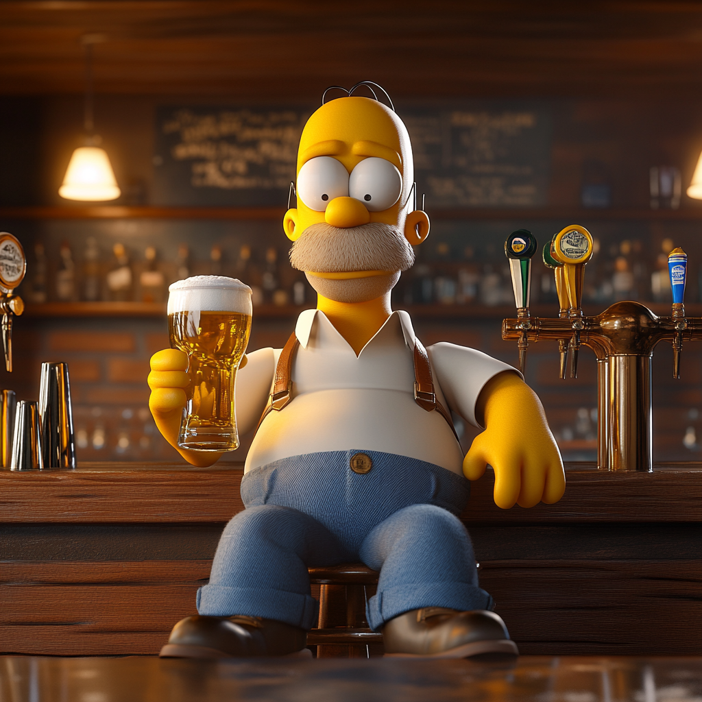 Realistic image of Homer Simpson sitting at bar.