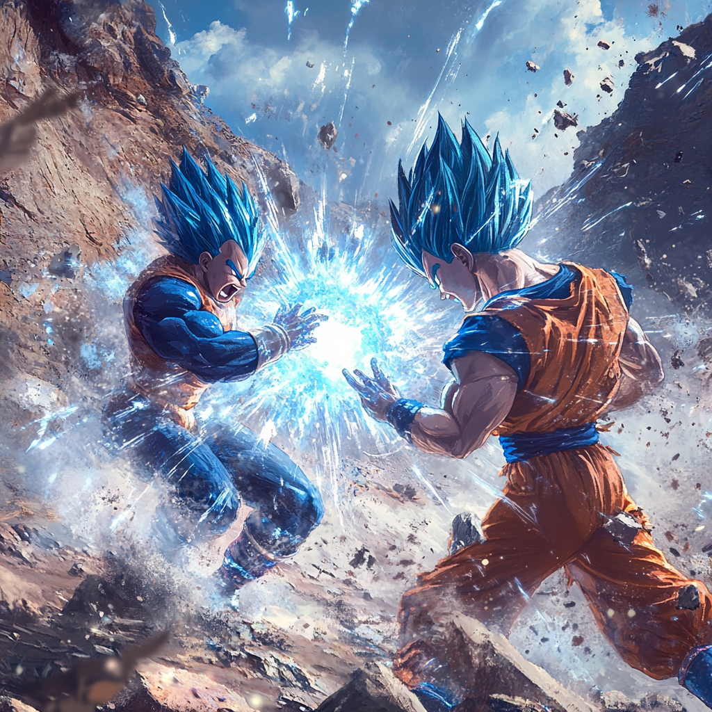 Realistic image of Vegeta and Goku fighting intensely.