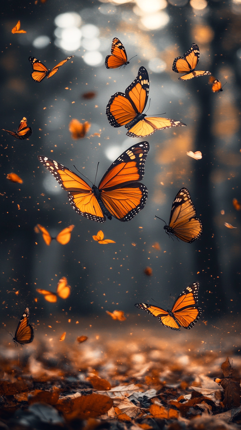 Realistic image of beautiful fall scenery with butterflies.