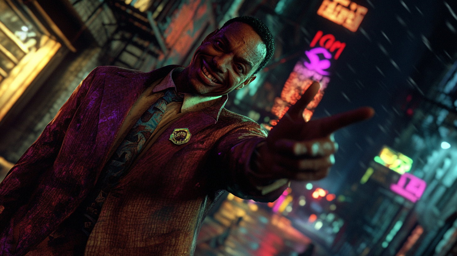 Realistic image of city with male detective smiling.