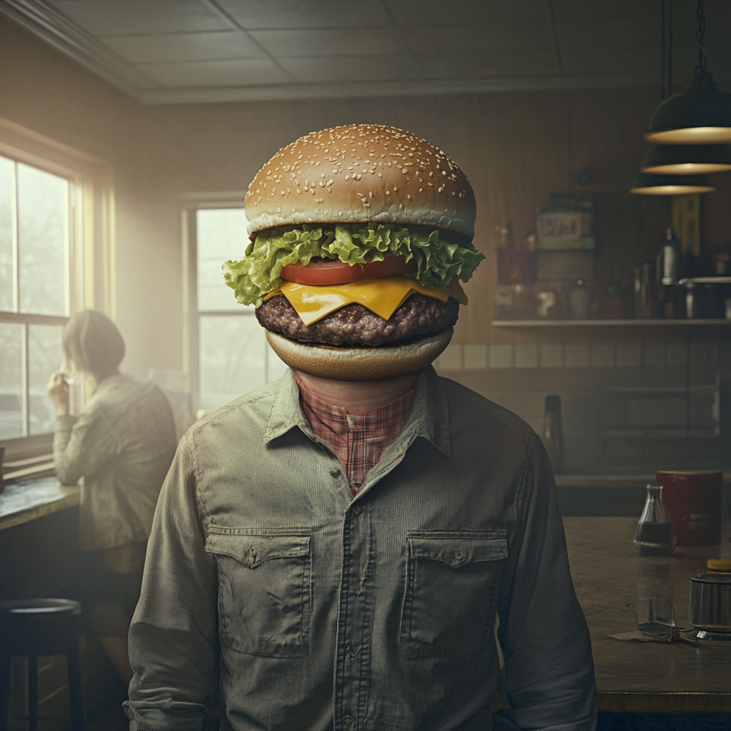 Realistic image of human body with hamburger head.