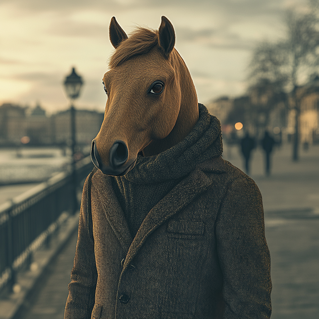 Realistic image of human body with horse head.