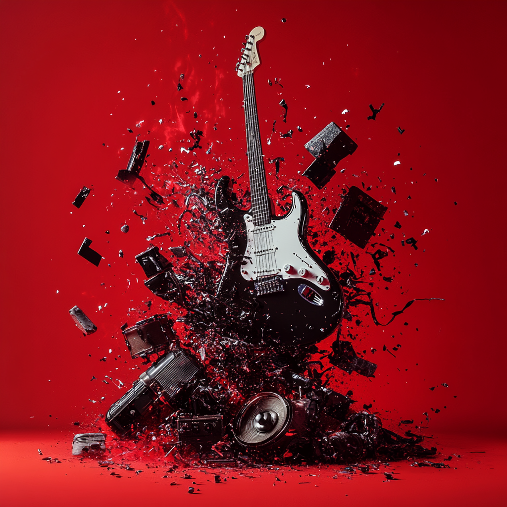 Realistic image of instruments exploding in cinematic style.