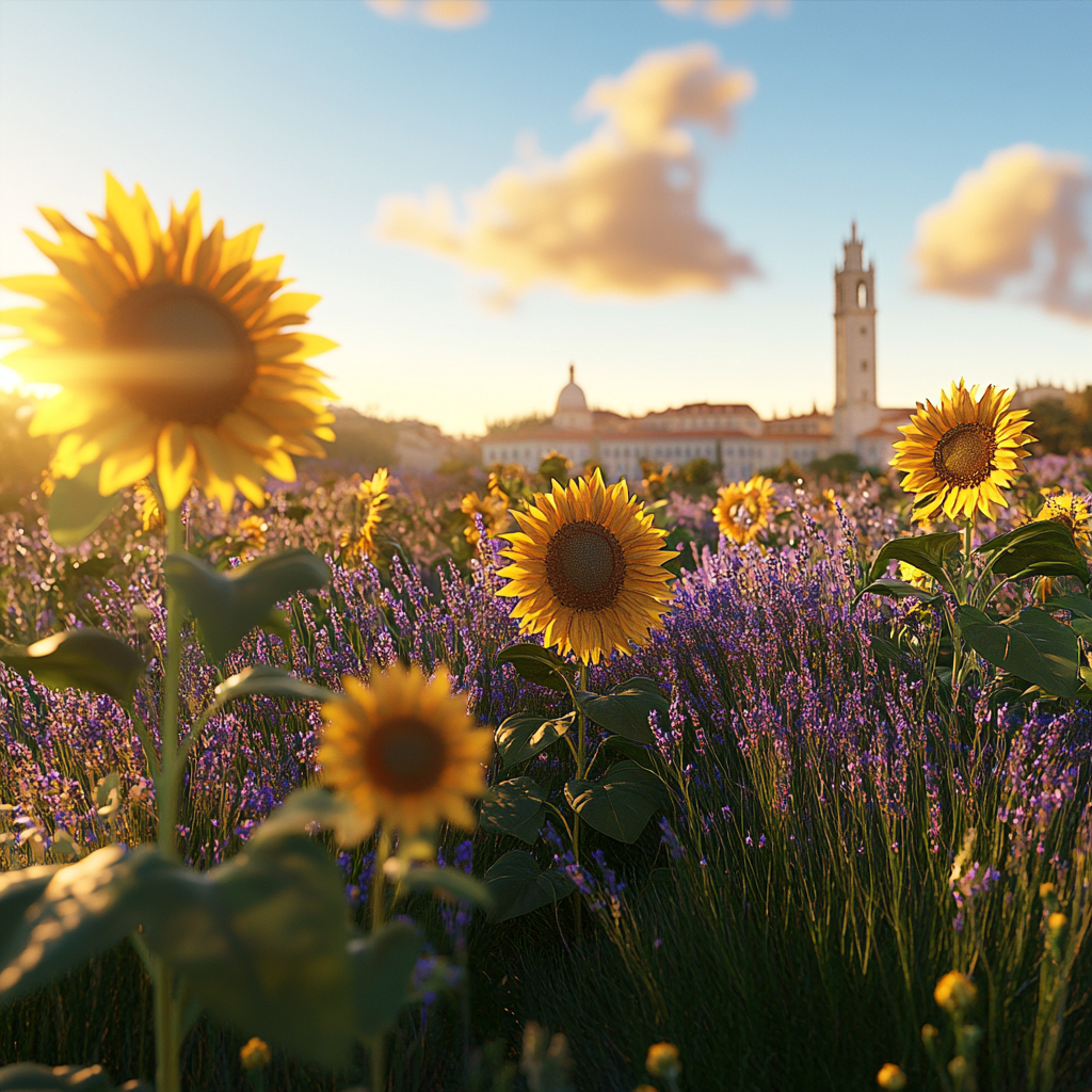 Realistic image of sunflowers under blue sky in Lisbon.