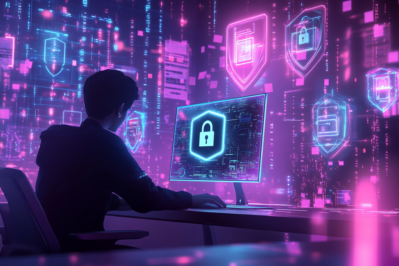 Realistic image symbolizing data protection on computer screen.