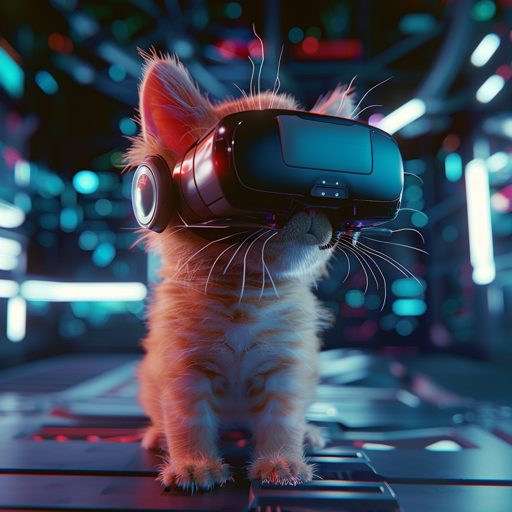 Realistic kitten in VR headset designed for small head.