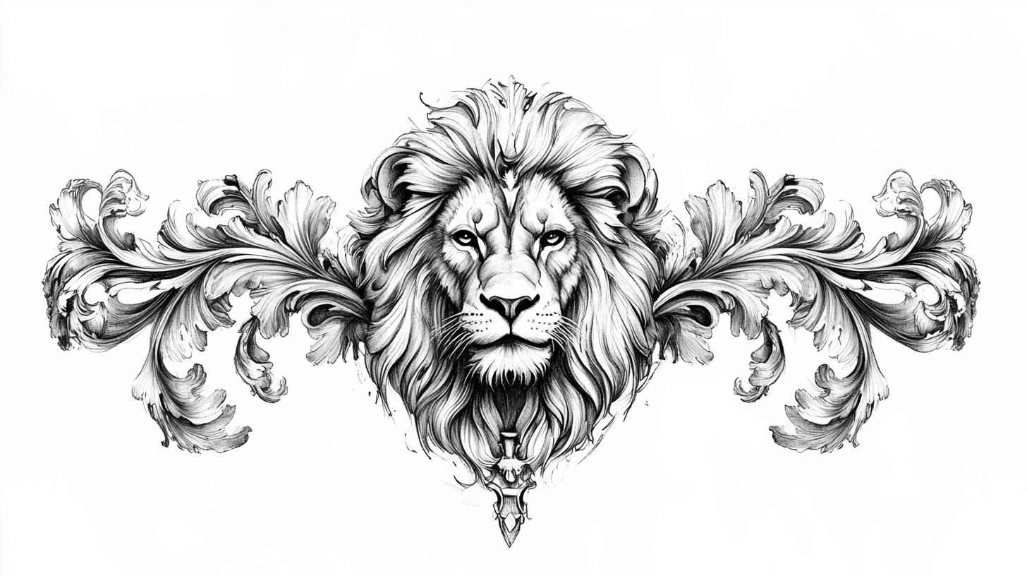 Realistic lion head sketch for symmetrical baroque tattoo design.