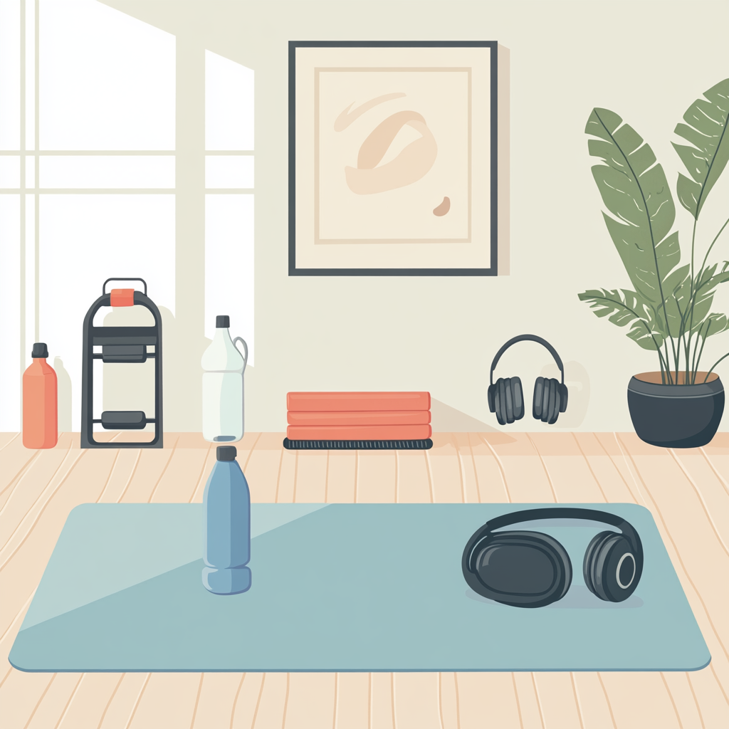 Realistic living room with exercise mat, towel, water bottle.