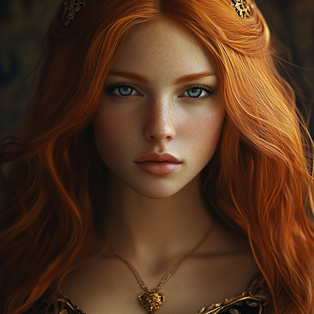 Realistic medieval fantasy princess with fiery red hair