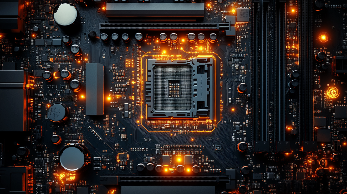 Realistic motherboard with recognizable electronic components and empty space.