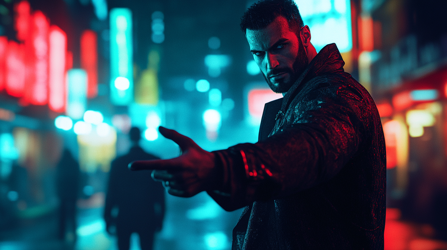 Realistic night city photography with detective man portrait.