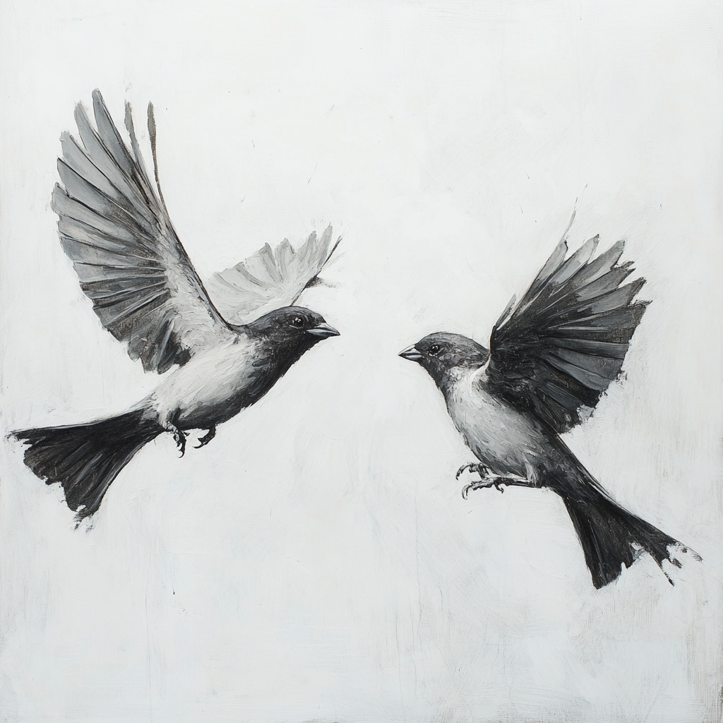 Realistic oil painting of two sparrow birds fighting.