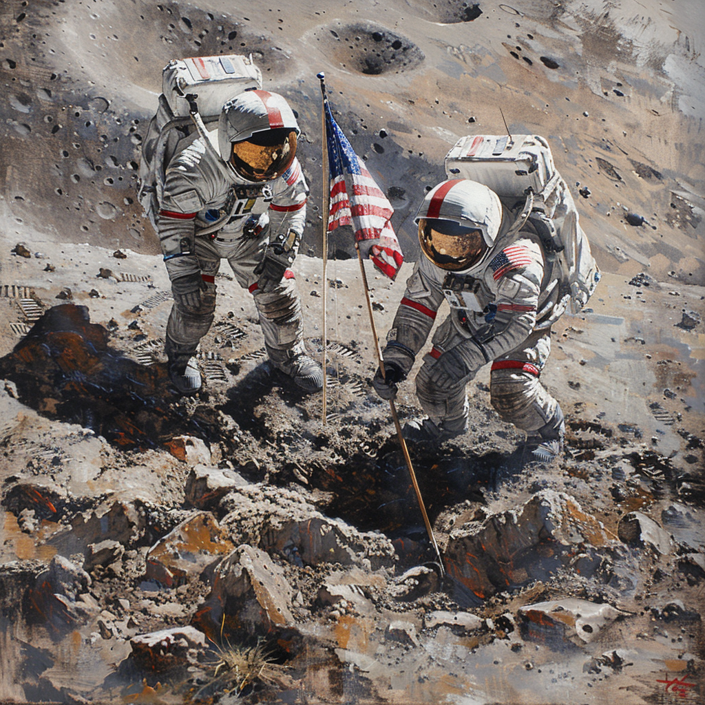 Realistic painting of astronauts planting American flag on moon